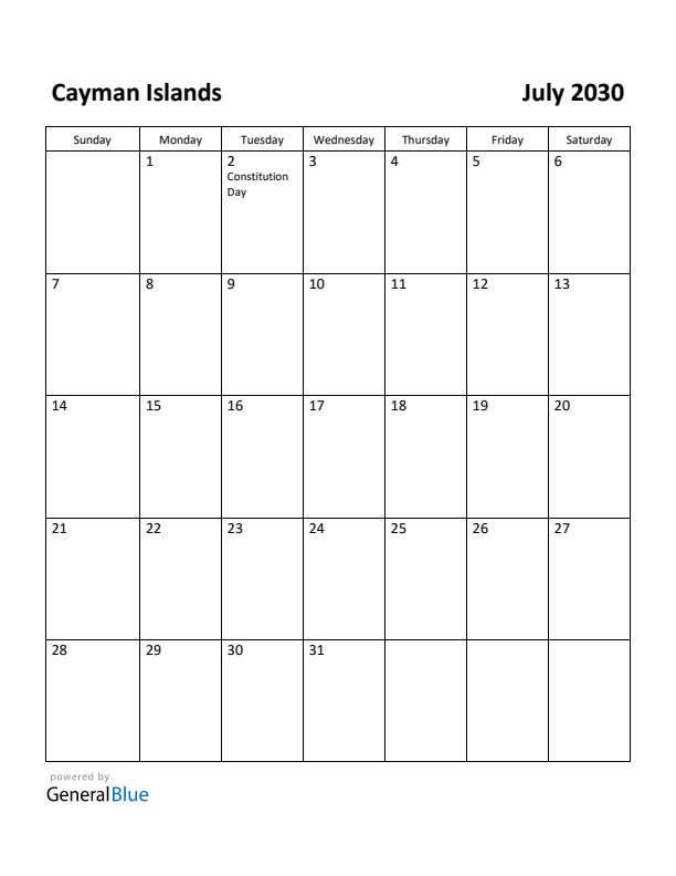 July 2030 Calendar with Cayman Islands Holidays