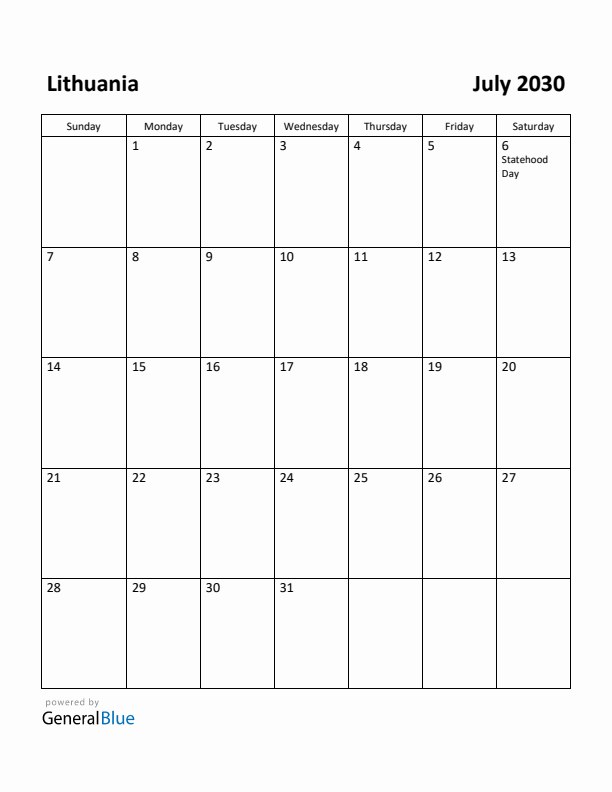 July 2030 Calendar with Lithuania Holidays