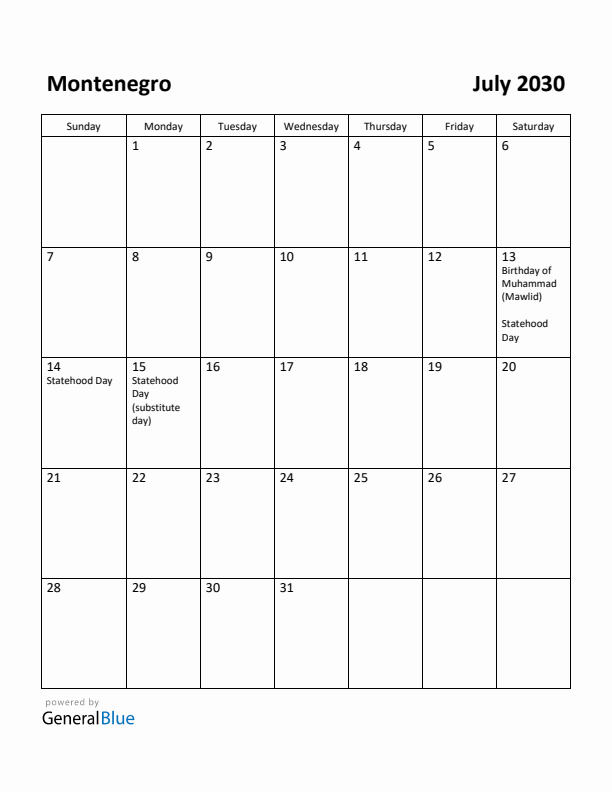 July 2030 Calendar with Montenegro Holidays