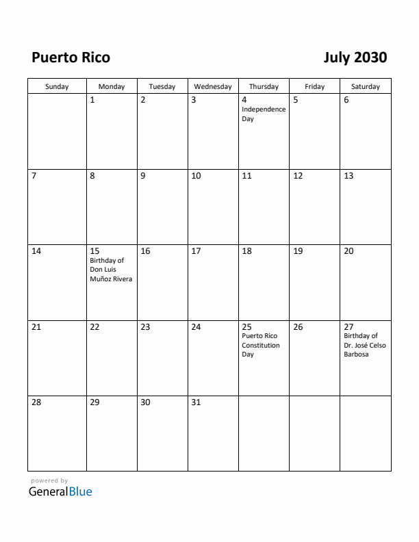 July 2030 Calendar with Puerto Rico Holidays