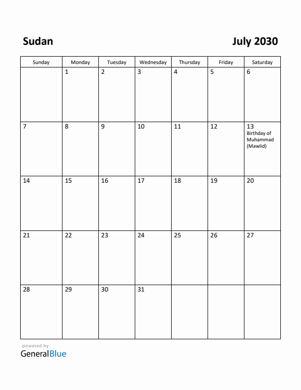July 2030 Calendar with Sudan Holidays
