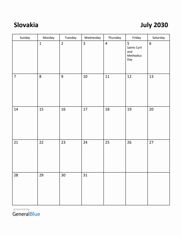 July 2030 Calendar with Slovakia Holidays