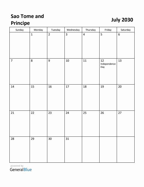 July 2030 Calendar with Sao Tome and Principe Holidays