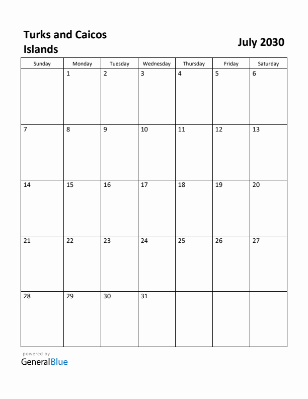 July 2030 Calendar with Turks and Caicos Islands Holidays