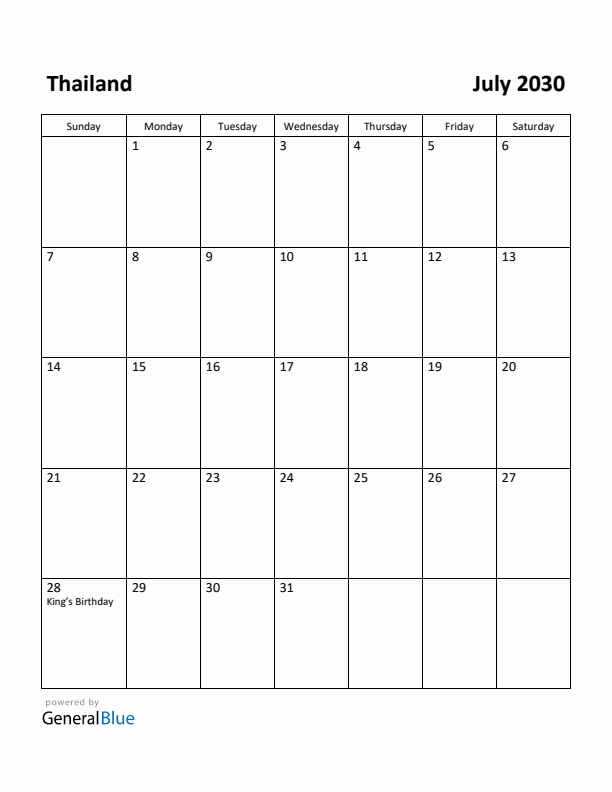 July 2030 Calendar with Thailand Holidays
