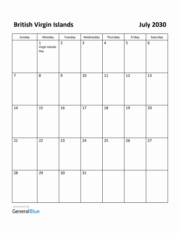 July 2030 Calendar with British Virgin Islands Holidays