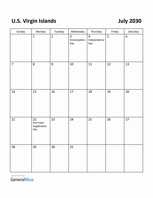 July 2030 Calendar with U.S. Virgin Islands Holidays