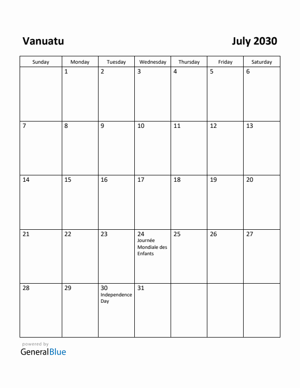 July 2030 Calendar with Vanuatu Holidays