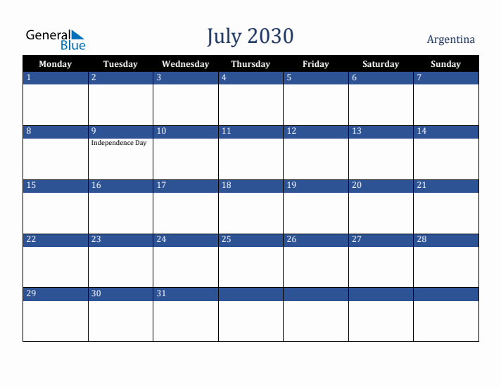 July 2030 Argentina Calendar (Monday Start)