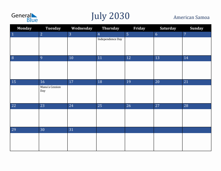 July 2030 American Samoa Calendar (Monday Start)