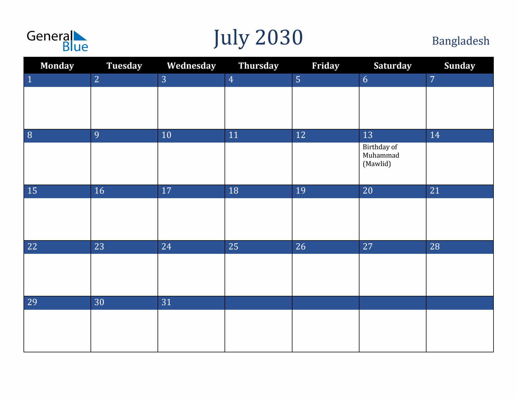 July 2030 Bangladesh Calendar (Monday Start)