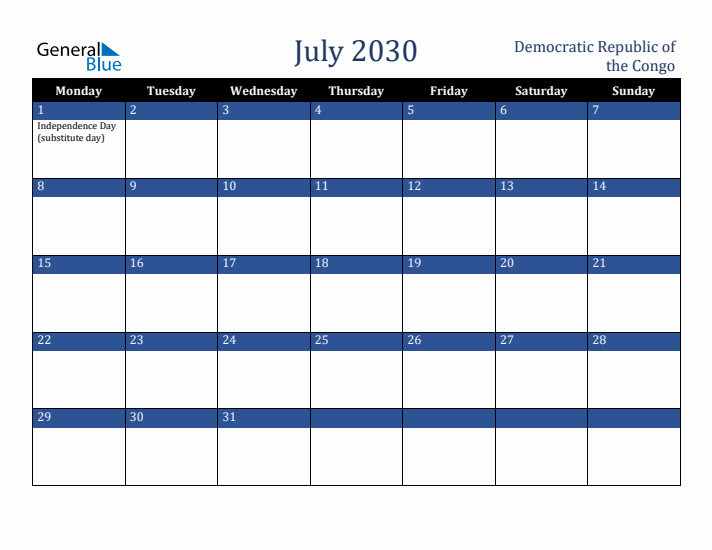 July 2030 Democratic Republic of the Congo Calendar (Monday Start)