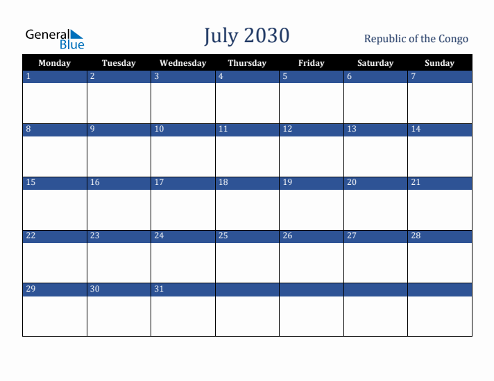July 2030 Republic of the Congo Calendar (Monday Start)