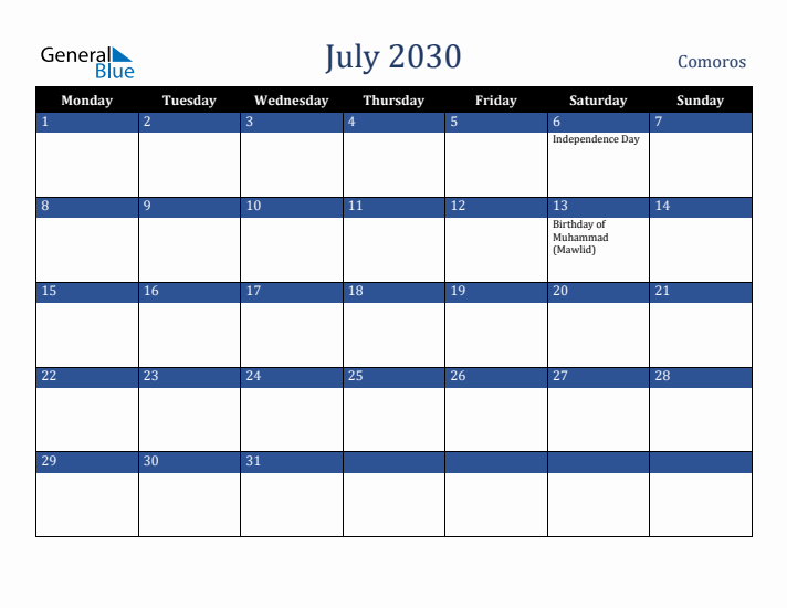 July 2030 Comoros Calendar (Monday Start)