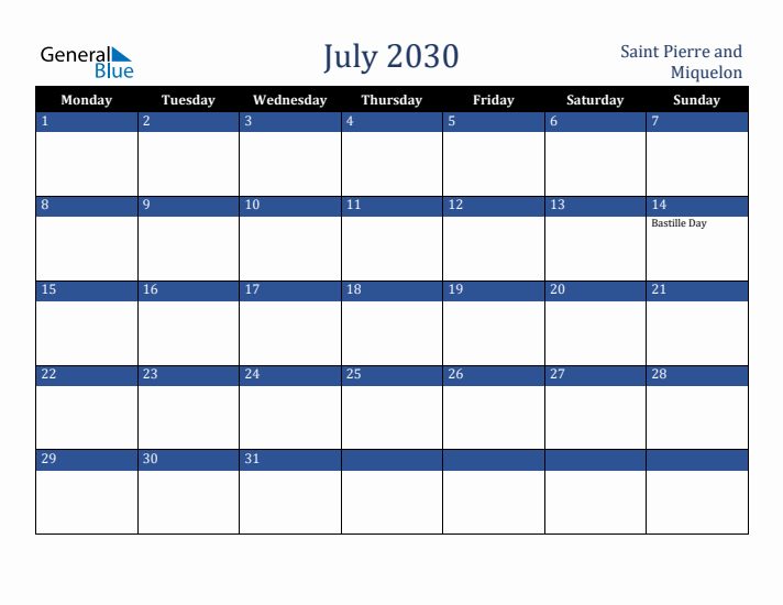 July 2030 Saint Pierre and Miquelon Calendar (Monday Start)