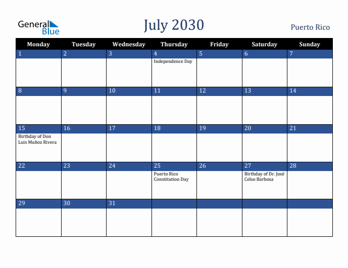 July 2030 Puerto Rico Calendar (Monday Start)