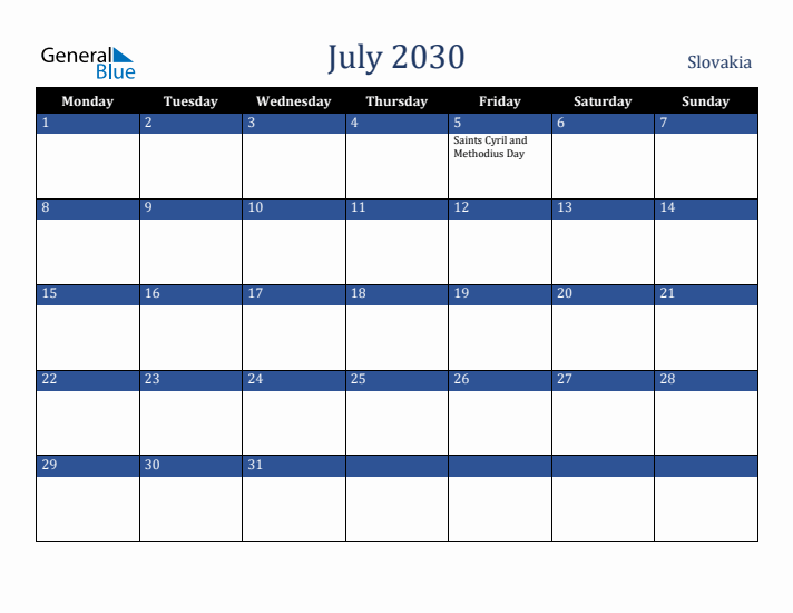 July 2030 Slovakia Calendar (Monday Start)