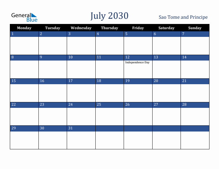 July 2030 Sao Tome and Principe Calendar (Monday Start)