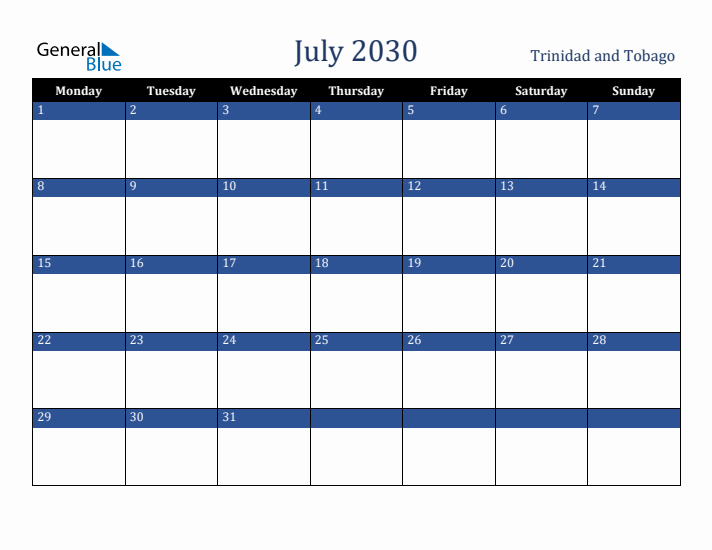 July 2030 Trinidad and Tobago Calendar (Monday Start)