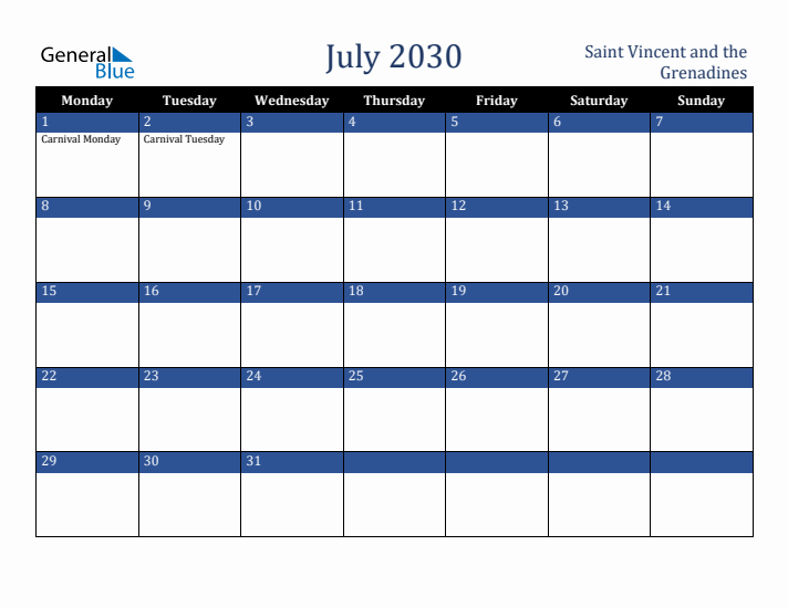 July 2030 Saint Vincent and the Grenadines Calendar (Monday Start)