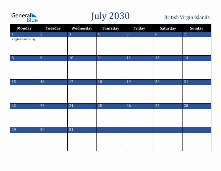 July 2030 British Virgin Islands Calendar (Monday Start)