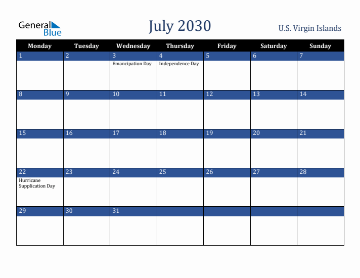 July 2030 U.S. Virgin Islands Calendar (Monday Start)