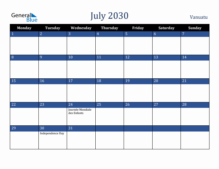 July 2030 Vanuatu Calendar (Monday Start)