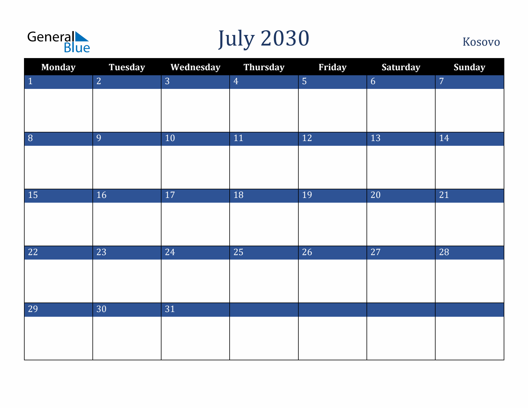 July 2030 Kosovo Calendar (Monday Start)