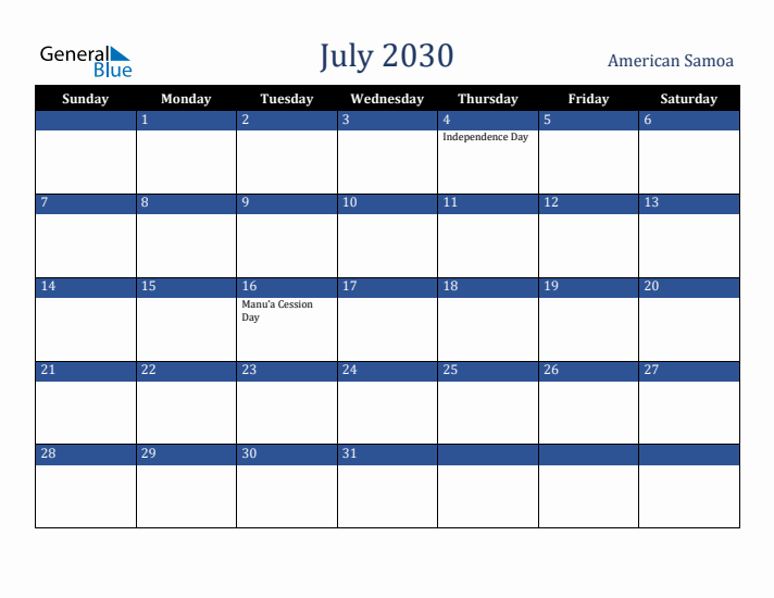 July 2030 American Samoa Calendar (Sunday Start)