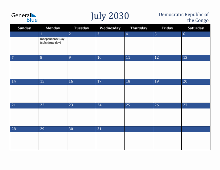July 2030 Democratic Republic of the Congo Calendar (Sunday Start)