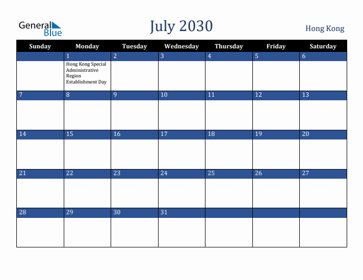 July 2030 Hong Kong Calendar (Sunday Start)