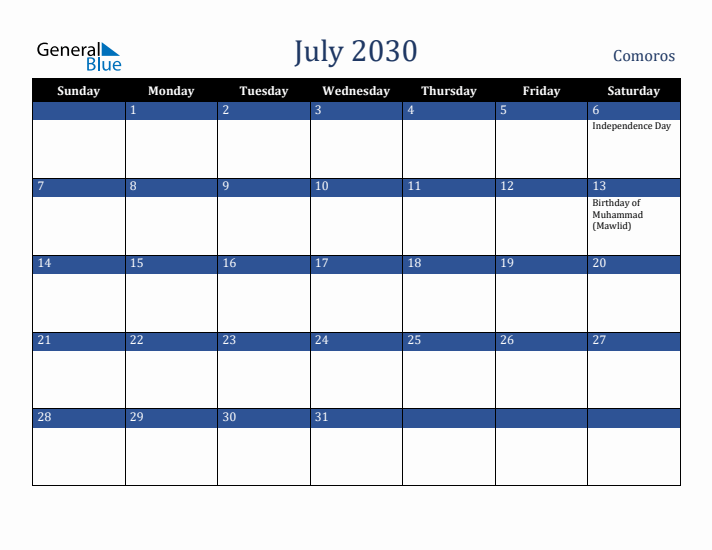 July 2030 Comoros Calendar (Sunday Start)