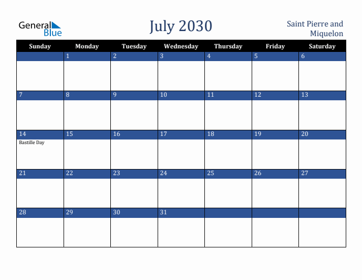 July 2030 Saint Pierre and Miquelon Calendar (Sunday Start)