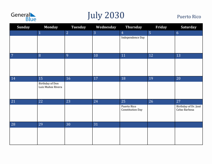 July 2030 Puerto Rico Calendar (Sunday Start)