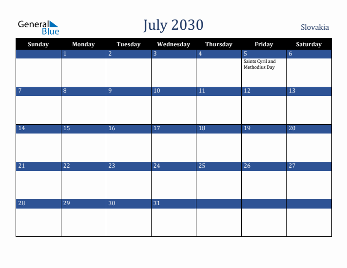 July 2030 Slovakia Calendar (Sunday Start)