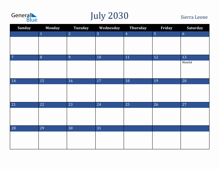 July 2030 Sierra Leone Calendar (Sunday Start)