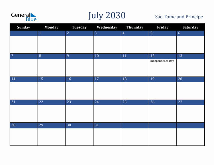 July 2030 Sao Tome and Principe Calendar (Sunday Start)