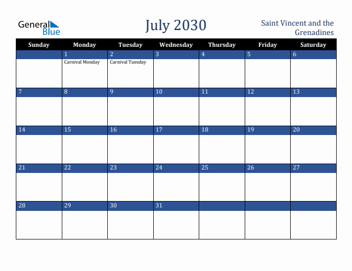 July 2030 Saint Vincent and the Grenadines Calendar (Sunday Start)
