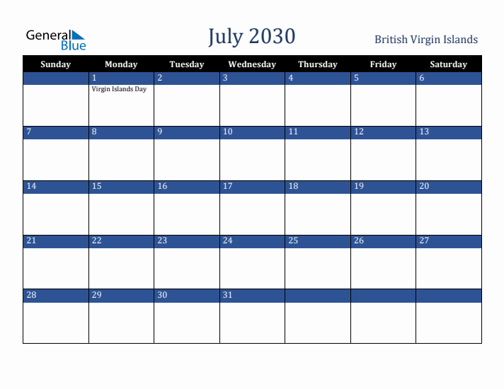 July 2030 British Virgin Islands Calendar (Sunday Start)