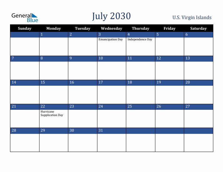July 2030 U.S. Virgin Islands Calendar (Sunday Start)