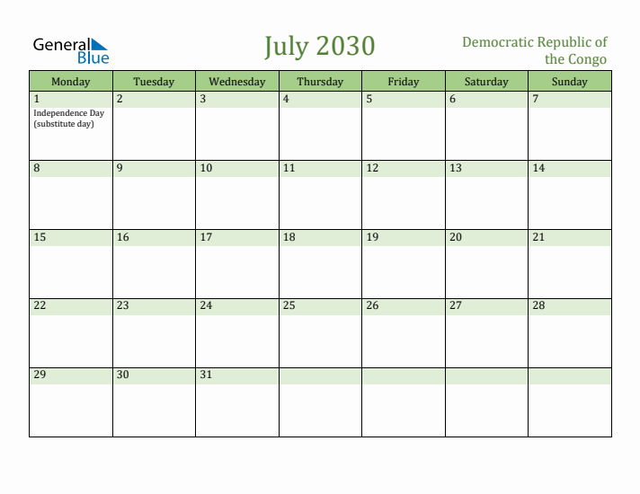 July 2030 Calendar with Democratic Republic of the Congo Holidays