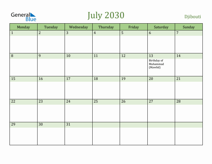 July 2030 Calendar with Djibouti Holidays