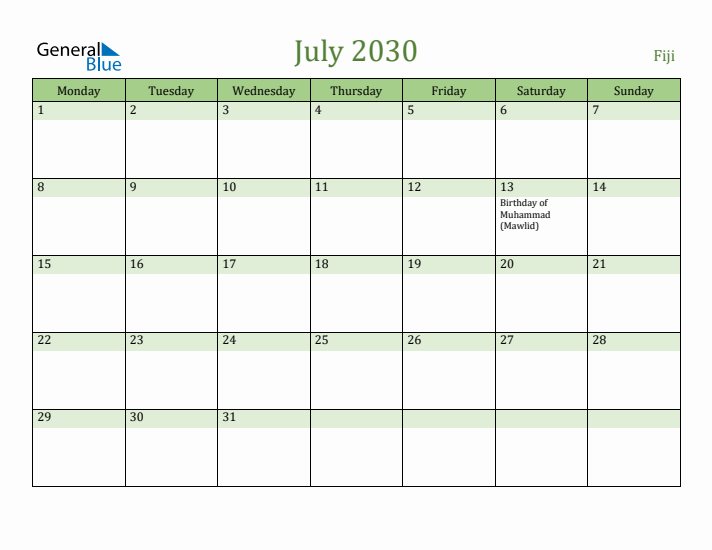 July 2030 Calendar with Fiji Holidays