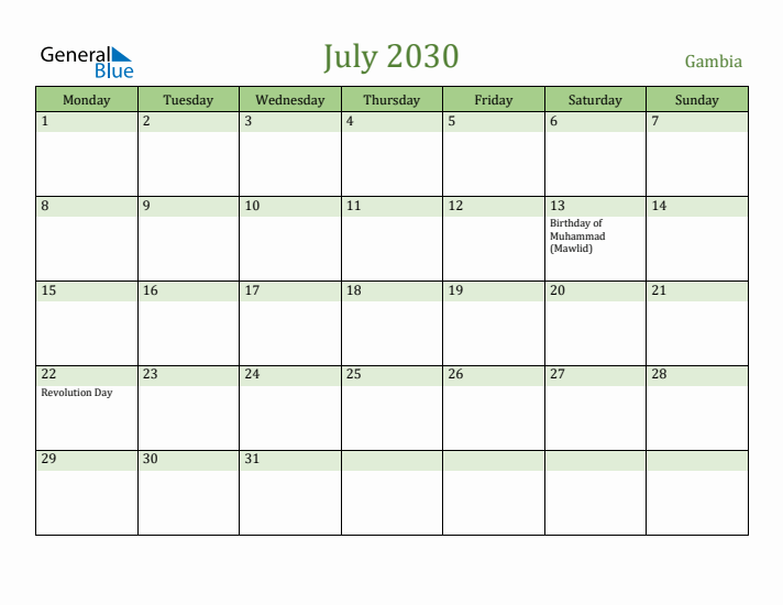 July 2030 Calendar with Gambia Holidays