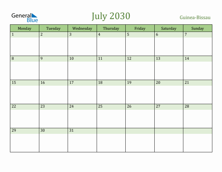 July 2030 Calendar with Guinea-Bissau Holidays