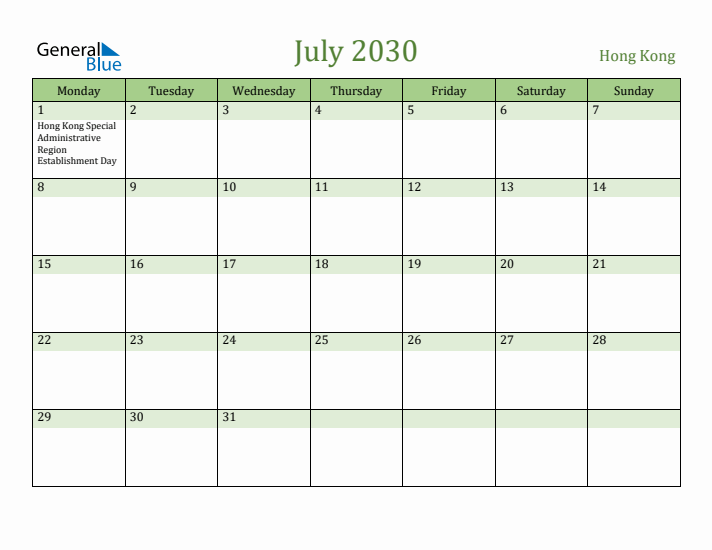 July 2030 Calendar with Hong Kong Holidays