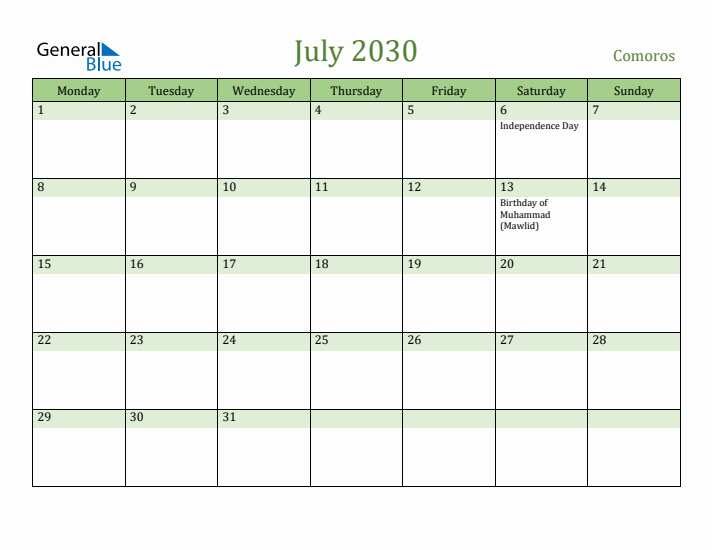 July 2030 Calendar with Comoros Holidays