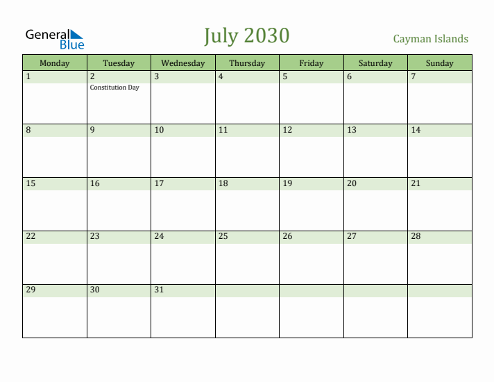 July 2030 Calendar with Cayman Islands Holidays