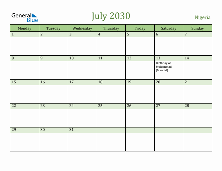 July 2030 Calendar with Nigeria Holidays
