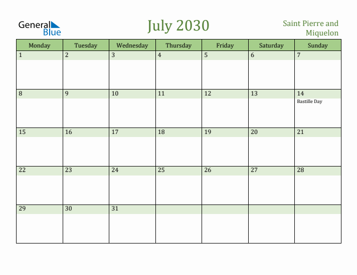 July 2030 Calendar with Saint Pierre and Miquelon Holidays